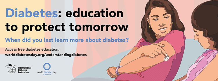 World Diabetes Awareness poster: Diabetes education to protect tomorrow.