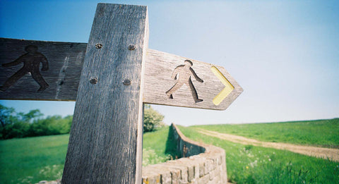 Wooden post showing walking route.