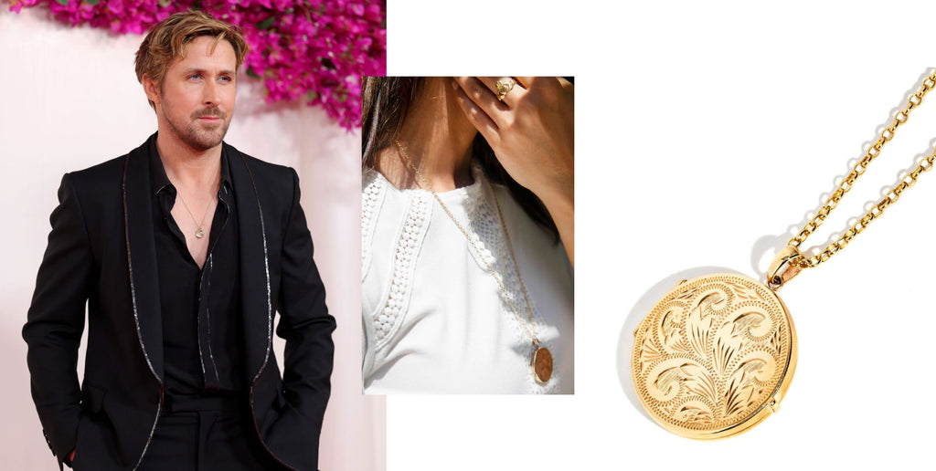 Ryan Gosling wears a black suit and a gold pendant necklace