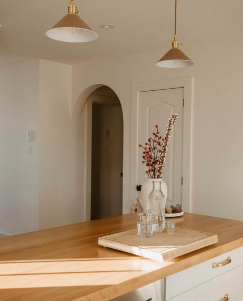 Pastel Coloured Cone Shade Industrial Pendant Light - beige used in cottage style modern kitchen