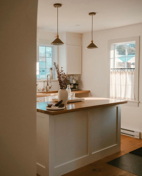 Pastel Coloured Cone Shade Industrial Pendant Light - beige used in cottage style modern kitchen