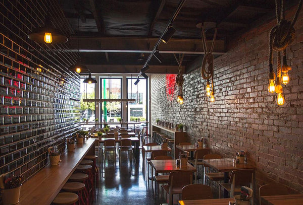 hemp rope and industrial lights in loft restaurant setting