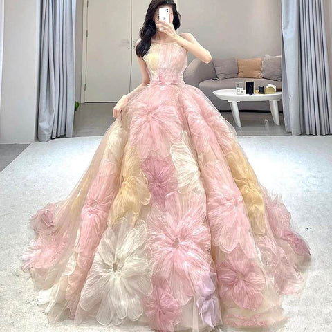 Strapless 3D Flowers Pink Colored Wedding Gowns