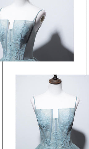 top details of mist blue prom gowns