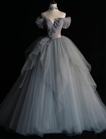 Off The Shoulder Gray Colored Tulle Wedding Gowns with 3D Flowers