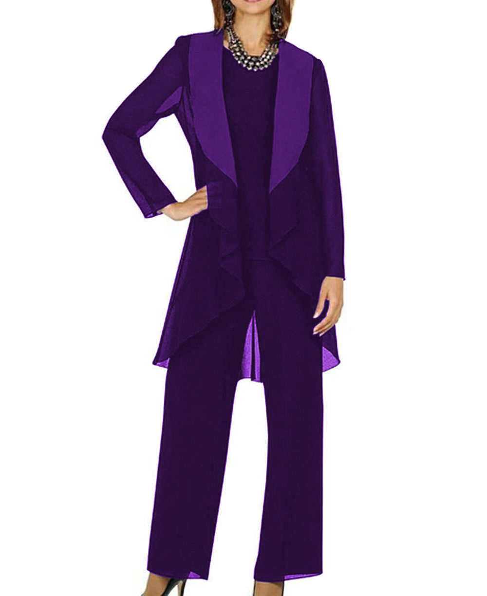Violet Chiffon Mother of the Bride Dressy Outfits 3PCS pantsuits