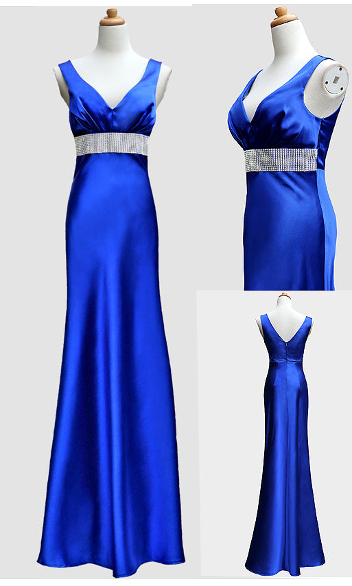 Royal Blue V-neck Satin Fit and Flare Mother of the Bride Dress