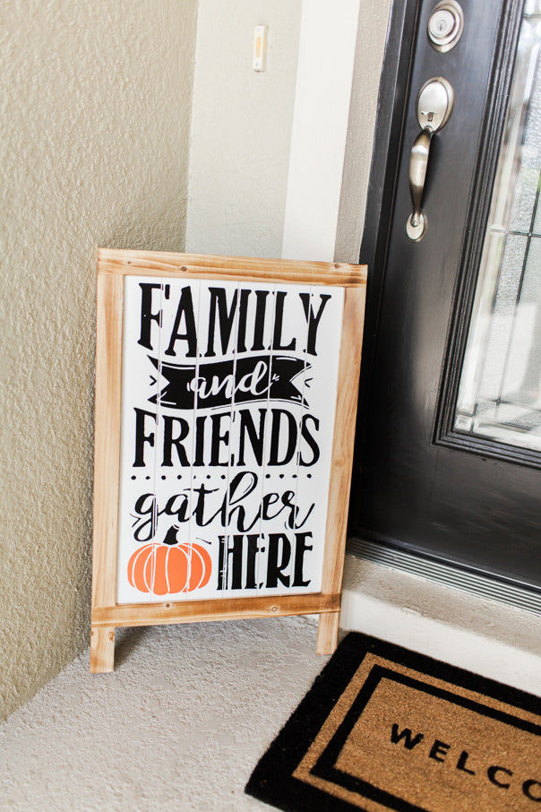 family and friends gather here, front porch, welcome mat, fall decor