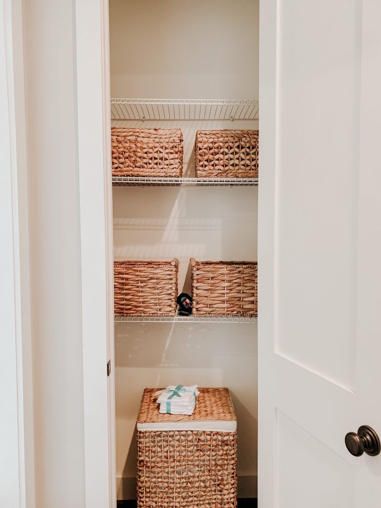 linen closet storage makeover, woven basket 