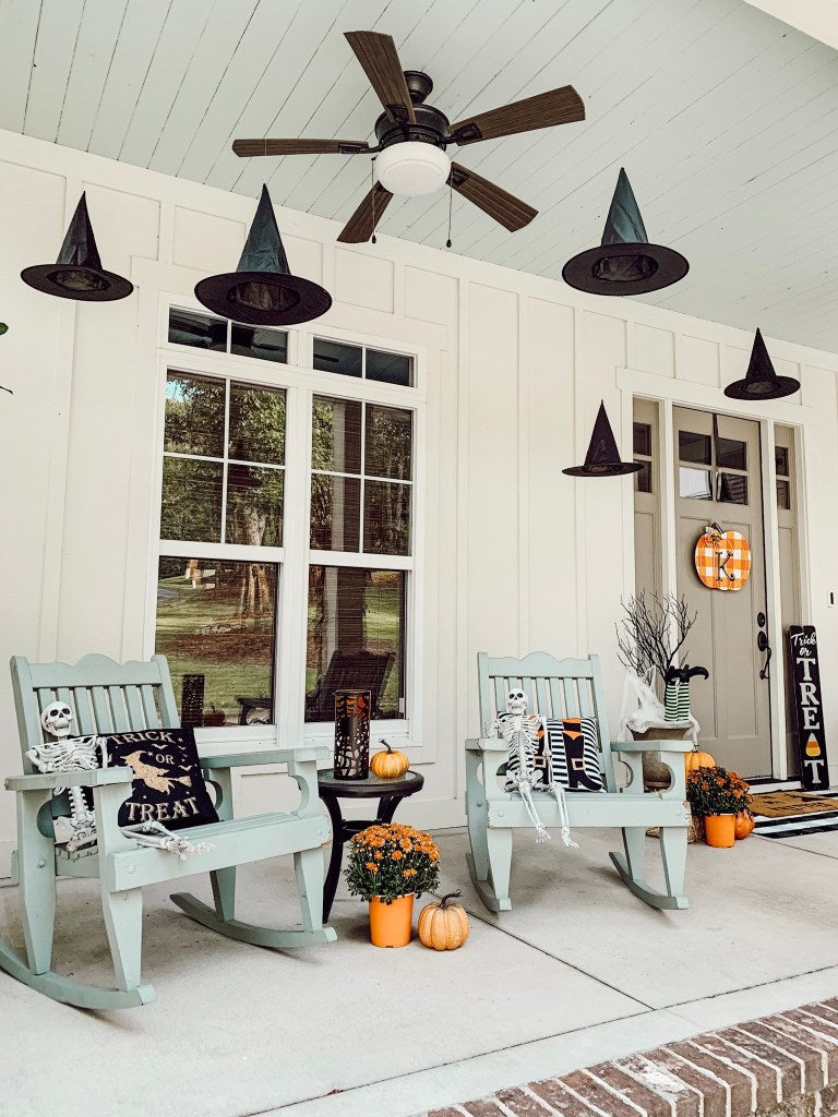 front porch, chairs, skeletons, witch hats