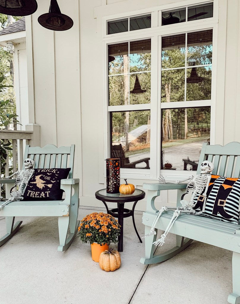 front porch seating, skeletons, halloween decor, throw pillow