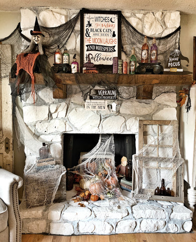 Halloween fireplace, mantle, mantel, fall, scary home, spooky home décor