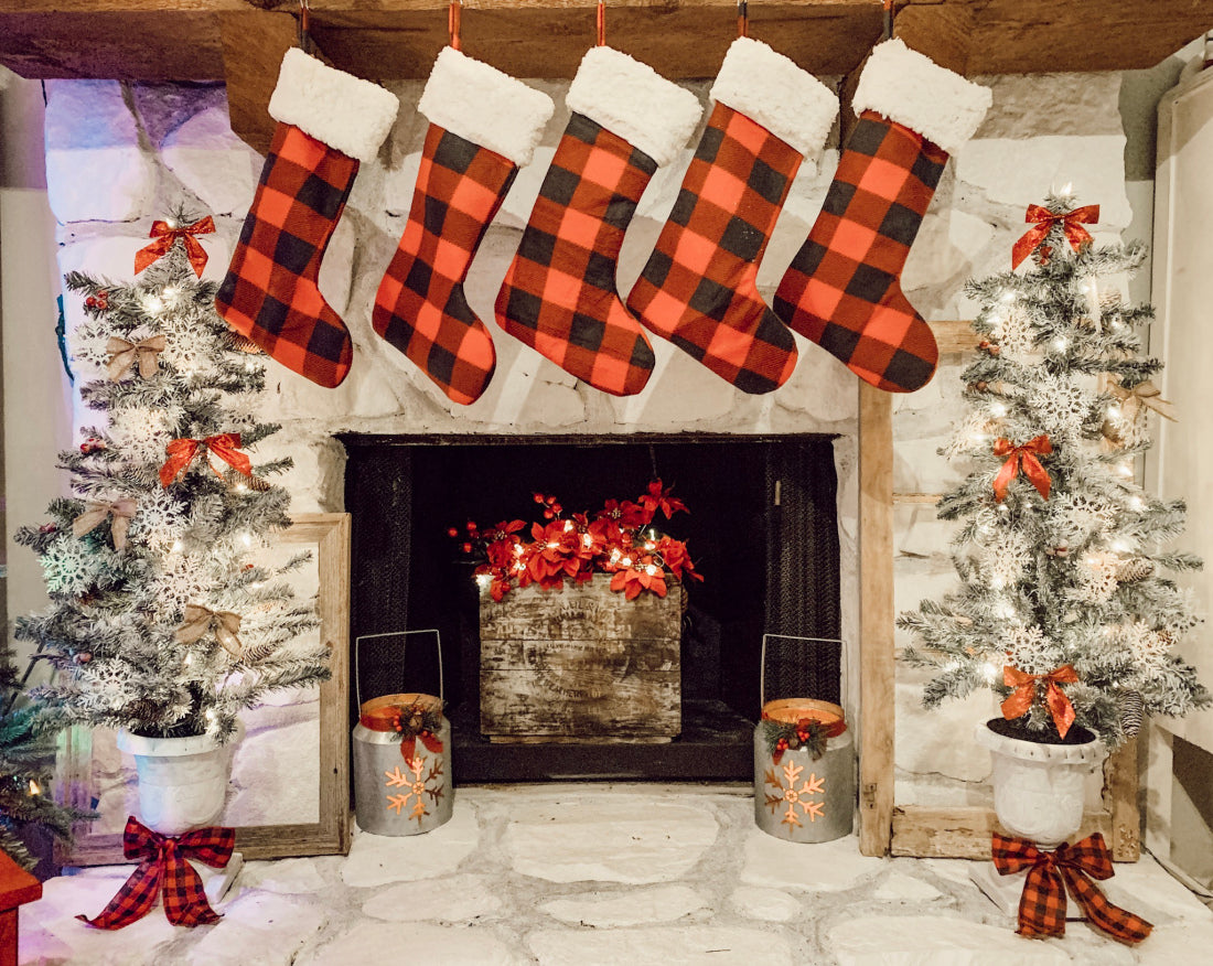 plaid stockings over the fireplace