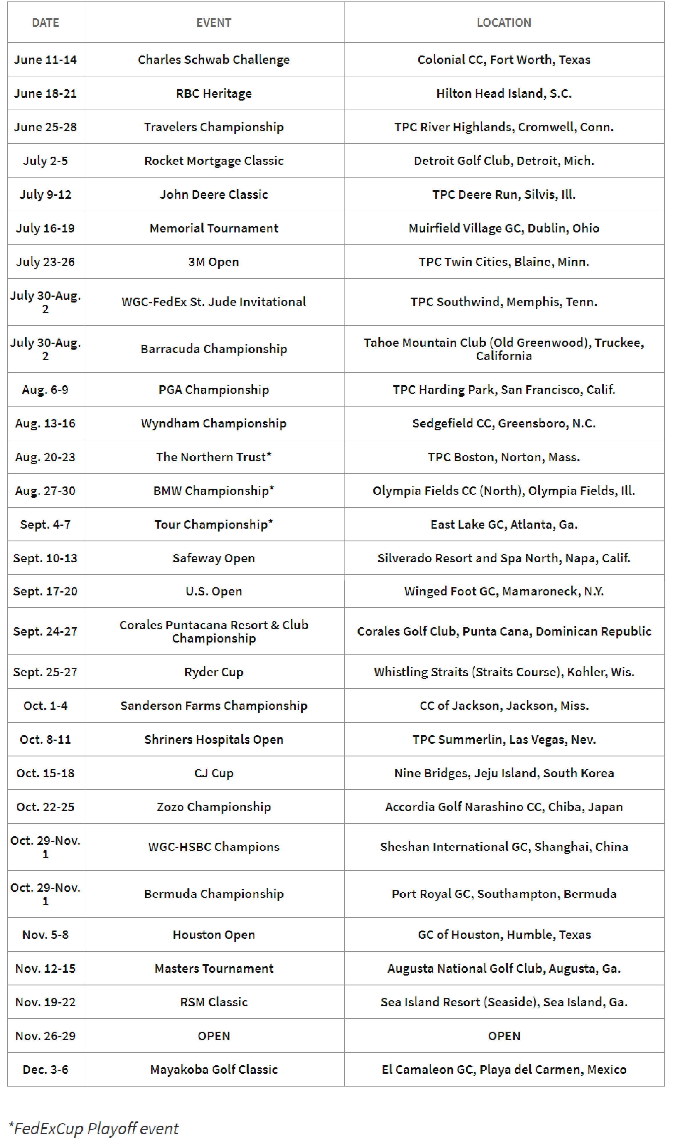 pga tour tournament calendar