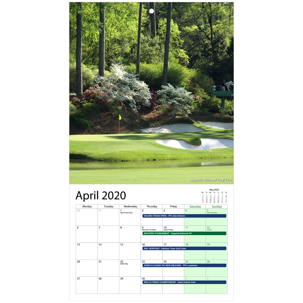 2020 Golf Tournaments Wall Calendar Golfer Paradise