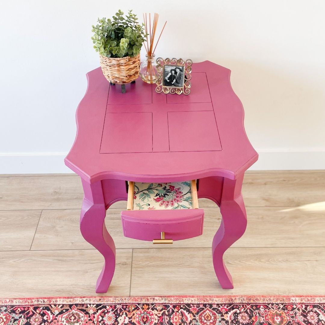 pink end table with drawer liner