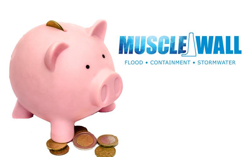 Muscle Wall Flood Containment Logo with a Piggy bank