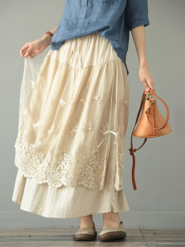 Loose Tiered Gauze Embroidered Lace Skirt