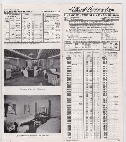 Holland America Line 1954 Transatlantic Passage Fares Brochure 5 Ships