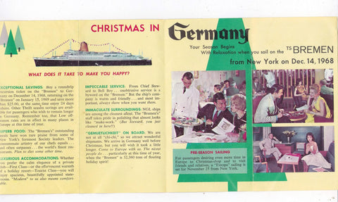 North German Lloyd Line TS Bremen New York Germany Christmas 1968 Cruise Brochure