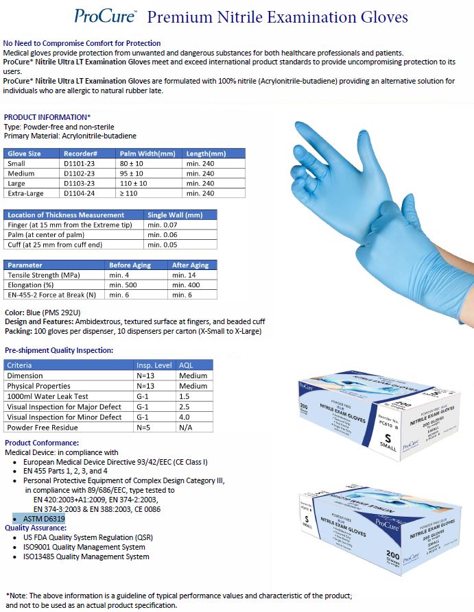 ProCure 4 mil Nitrile Gloves, Medical Grade Exam Powder Free