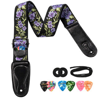 Adjustable Guitar Strap for Electric/Acoustic Guitar/Bass, Includes 2 Picks  + Strap Locks + Strap Button, Cotton Jacquard Embroidered Genuine leather
