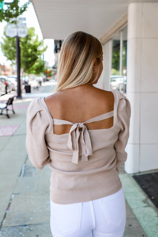 gentle square neck tie sweater from the rooted shoppe