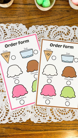 Ice cream shop dramatic play printables for a fun indoor activity. Your kids will have some screen free time and you can get some work from home done!