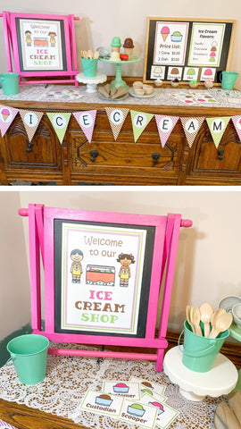 Ice cream shop dramatic play printables for a fun indoor activity. Your kids will have some screen free time and you can get some work from home done!