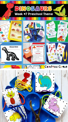 Preschool homeschool printable curriculum with worksheets and activities for: math, STEM, art, alphabet, other skills, and either a play dough or sensory bin activity.