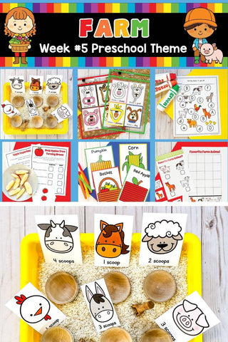 Preschool homeschool printable curriculum with worksheets and activities for: math, STEM, art, alphabet, other skills, and either a play dough or sensory bin activity.