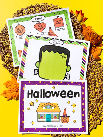 Halloween busy book for preschoolers contains printable learning activities for colors, emotions, shapes, lower case letters, tracing, size, patterns, puzzles, categories, numbers 1-10, face, and a play dough mat.
