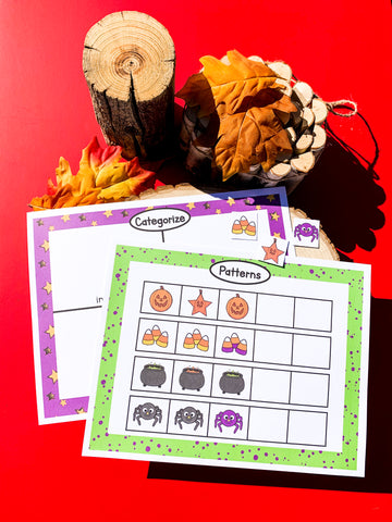 Halloween busy book for preschoolers contains printable learning activities for colors, emotions, shapes, lower case letters, tracing, size, patterns, puzzles, categories, numbers 1-10, face, and a play dough mat.