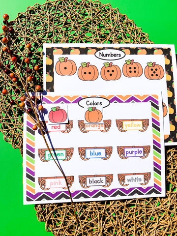 Halloween busy book for preschoolers contains printable learning activities for colors, emotions, shapes, lower case letters, tracing, size, patterns, puzzles, categories, numbers 1-10, face, and a play dough mat.