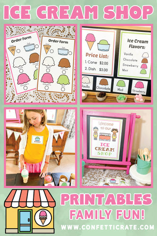 Ice cream shop dramatic play printables for a fun indoor activity. Your kids will have some screen free time and you can get some work from home done!