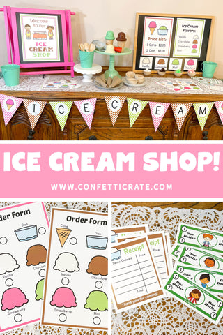 Ice cream shop dramatic play printables for a fun indoor activity. Your kids will have some screen free time and you can get some work from home done!