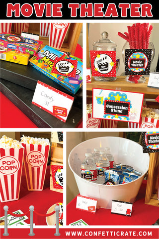 Fun family movie night printables. These include family movie night tickets and concession stand signs. Your kids will love the banner, food tents, and play money.