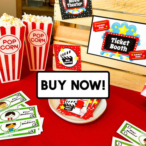 Fun family movie night printables. These include family movie night tickets and concession stand signs. Your kids will love the banner, food tents, and play money.