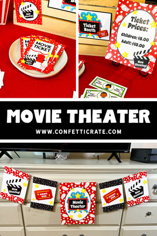 Fun family movie night printables. These include family movie night tickets and concession stand signs. Your kids will love the banner, food tents, and play money.