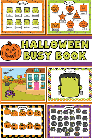 Halloween busy book for preschoolers contains printable learning activities for colors, emotions, shapes, lower case letters, tracing, size, patterns, puzzles, categories, numbers 1-10, face, and a play dough mat.