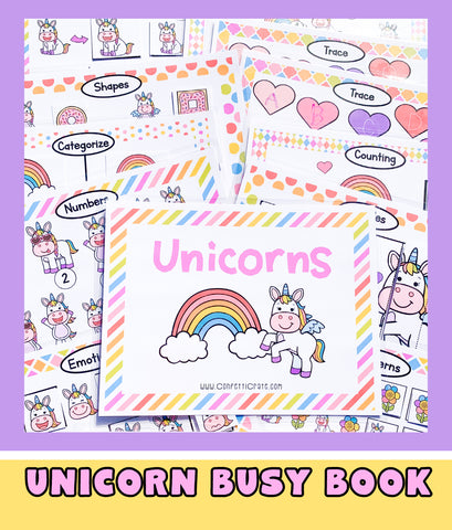 12 unicorn preschool learning activities in busy book printables. Your child will work on: colors, emotions, shapes, letters, dice game, patterns, puzzles, categorizing, counting, numbers, size, and play with the play dough mat. www.confetticrate.com