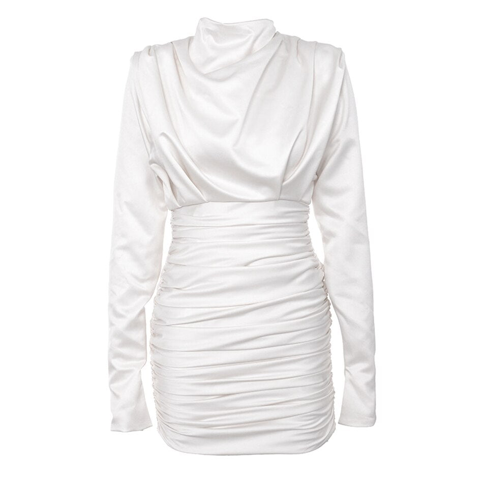 white ruched long sleeve dress