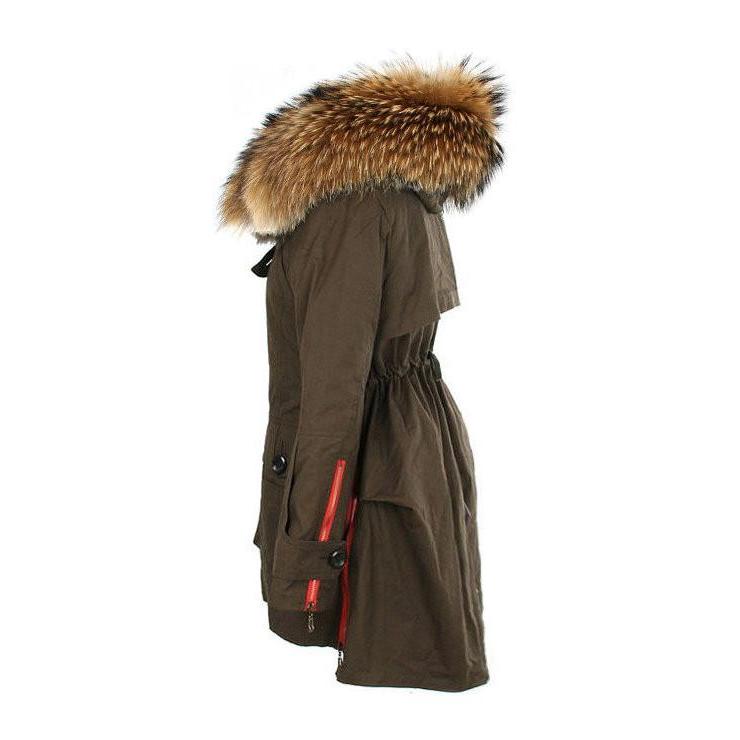 khaki green coat with fur hood