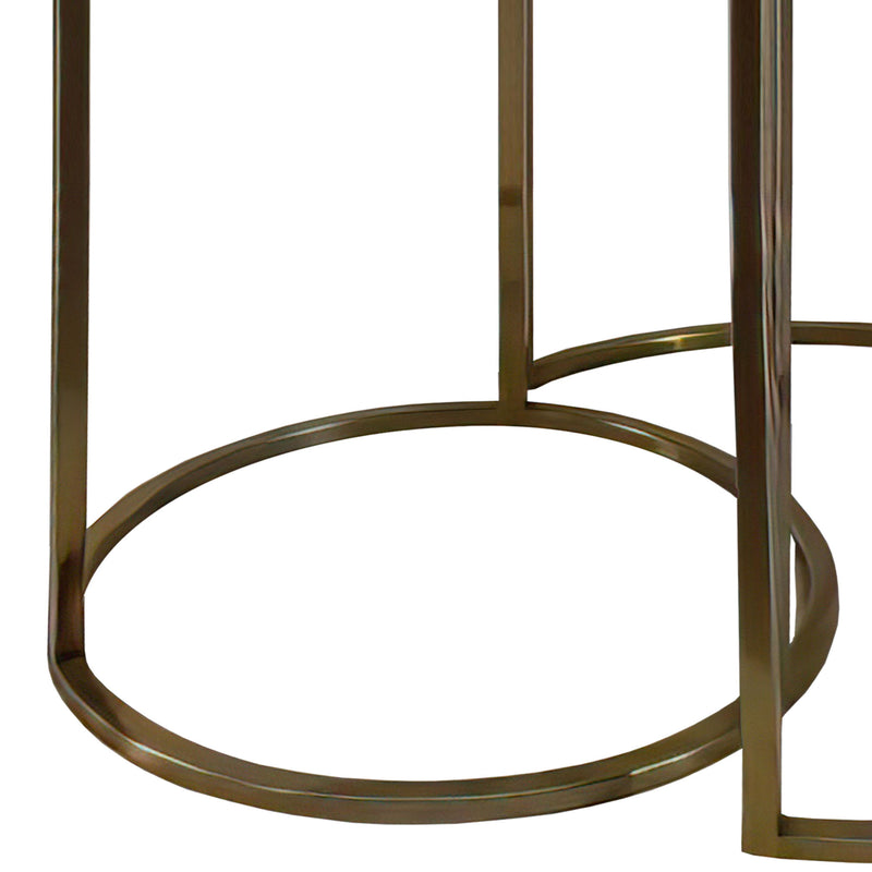 21, 18 Inch Round Marble Top Nesting End Table, Set of 2, Metal Frame, White, Brass