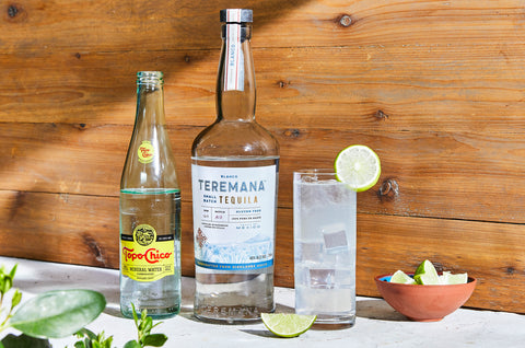 Topo Chico bottle, Teremana Blanco bottle, and Ranch Water cocktail