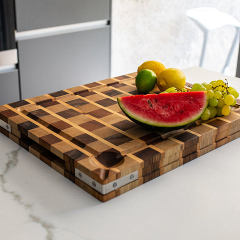 Hornbeam and walnut checkerboard butchers' block, made from Chabret butchers' block.