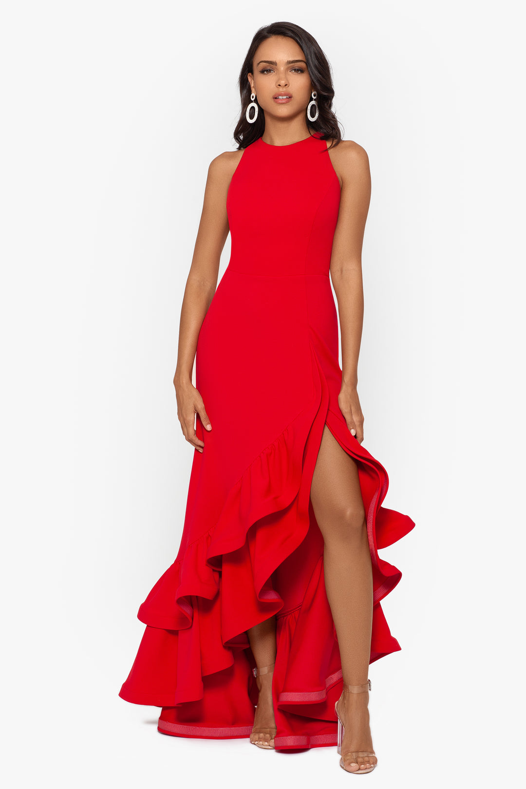  Xscape Women's Long One Shoulder Ruffle Scuba Crepe Dress  (Standard & Petite), Red : Clothing, Shoes & Jewelry