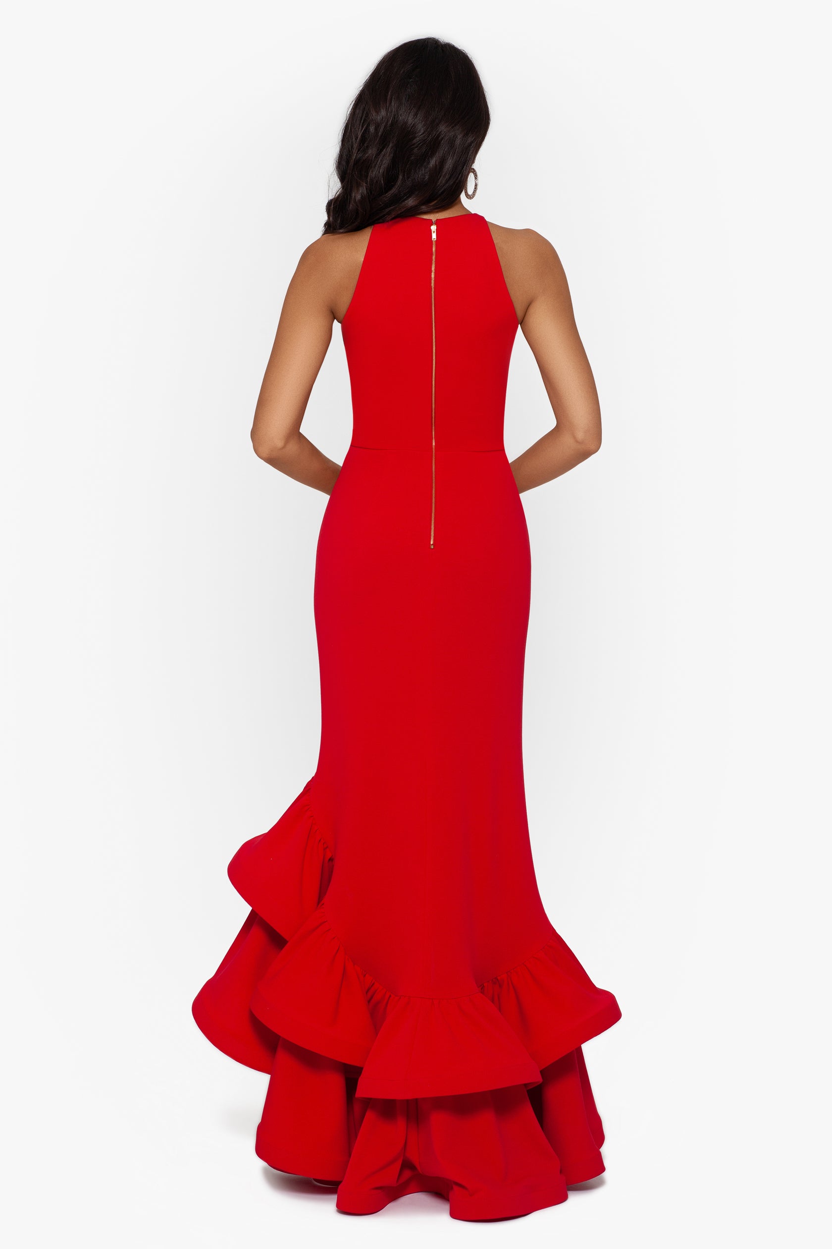 Arielle Scuba Crepe Ruffle Slit Gown Betsy And Adam 