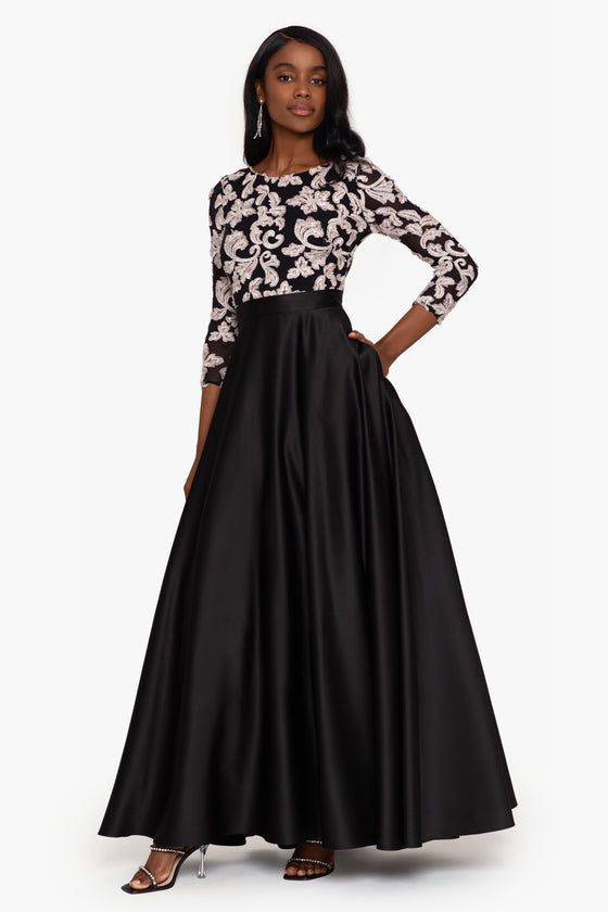 "Tina" Long Sleeve Embroidered Top Long Ball Gown
