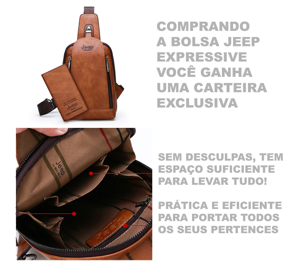 Bolsa Shoulder Bag de couro Jeep + Grátis Carteira de couro Jeep